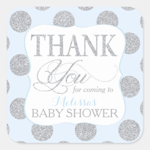 Silver Glitter Dots Baby Blue Thank You Label