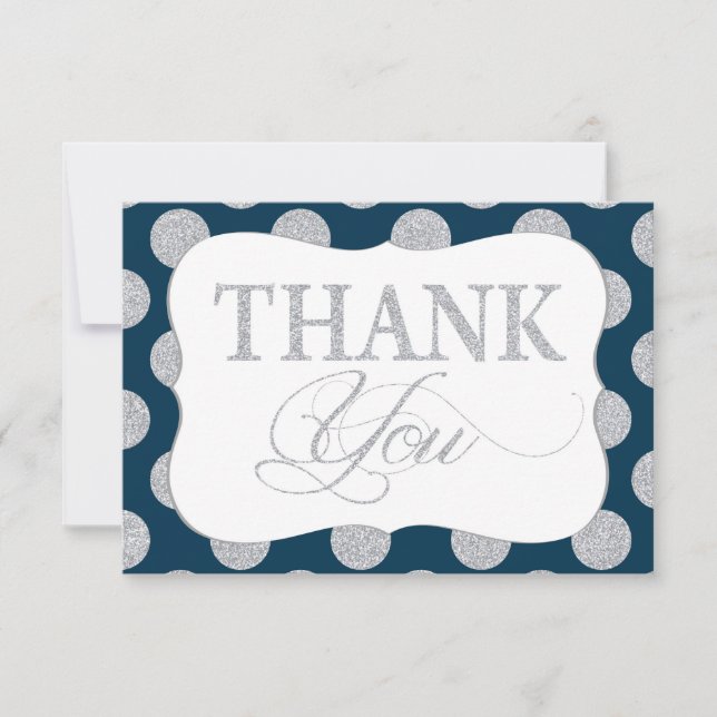 Silver Glitter Dots Navy Blue Modern Thank You (Front)