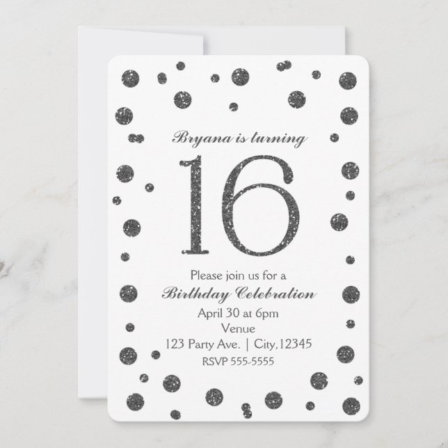Silver Glitter Dots Sweet 16 Birthday Party Invitation (Front)