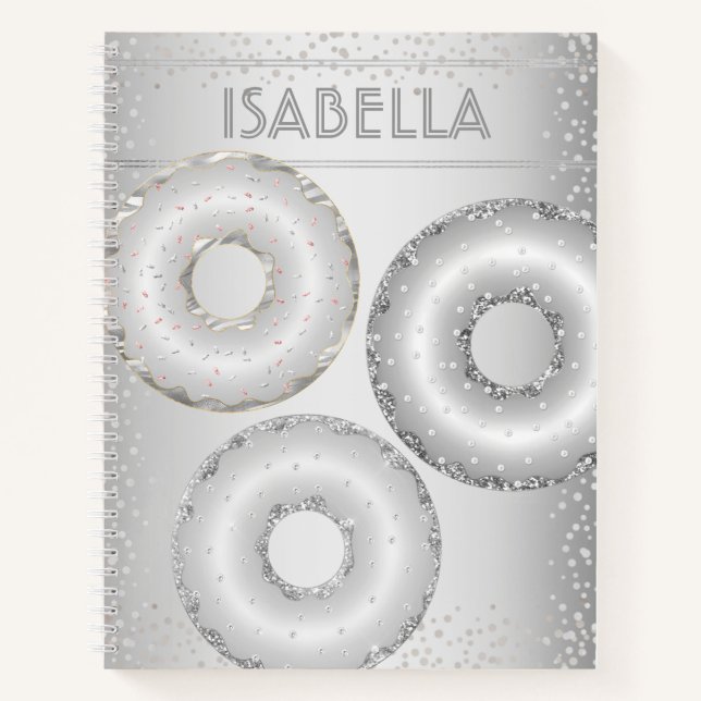 Silver glitter doughnuts name modern trendy girly notebook (Front)