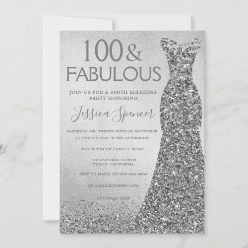 Silver Glitter Dress 100  fabulous 100th Birthday Invitation