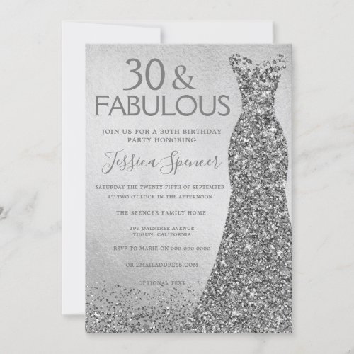 Silver Glitter Dress 30  fabulous 30th Birthday Invitation