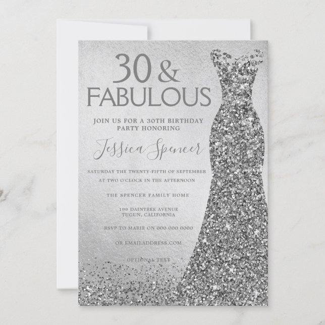 Silver Glitter Dress 30 & fabulous 30th Birthday Invitation (Front)