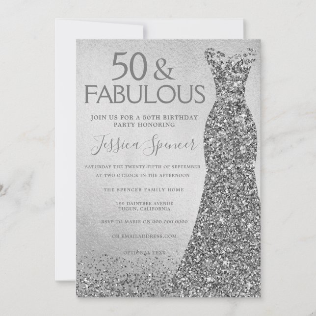 Silver Glitter Dress 50 & fabulous 50th Birthday Invitation (Front)