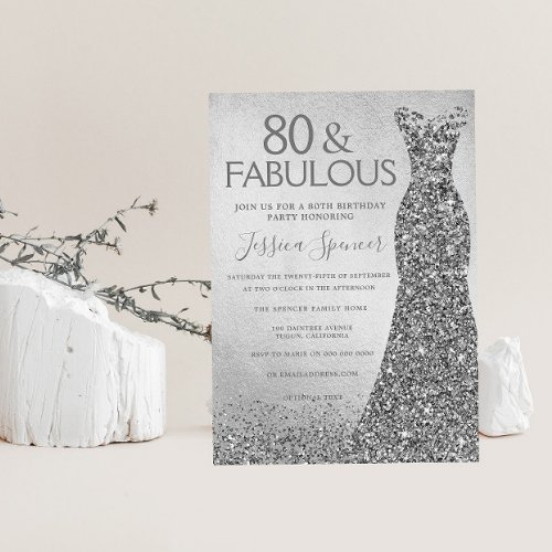Silver Glitter Dress 80  fabulous 80th Birthday Invitation