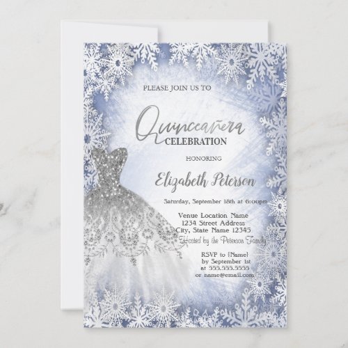 Silver Glitter Dress Blue Snowflakes Quinceanera Invitation