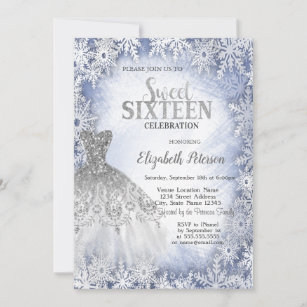 Silver Glitter Dress Blue Snowflakes Sweet 16  Invitation