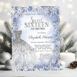 Silver Glitter Dress Blue Snowflakes Sweet 16  Invitation<br><div class="desc">Elegant  silver glitter drips,  and blue snowflakes.</div>
