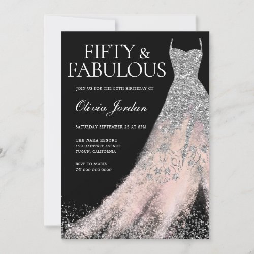 Silver Glitter Dress Blush Haze 50th Birthday  Invitation