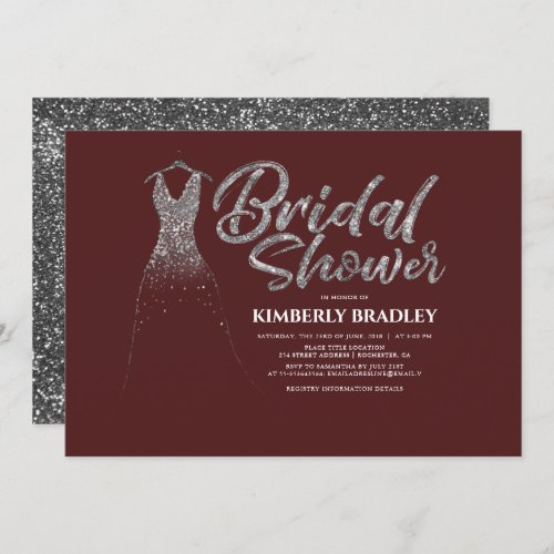 Silver Glitter Dress Burgundy Red Bridal Shower Invitation