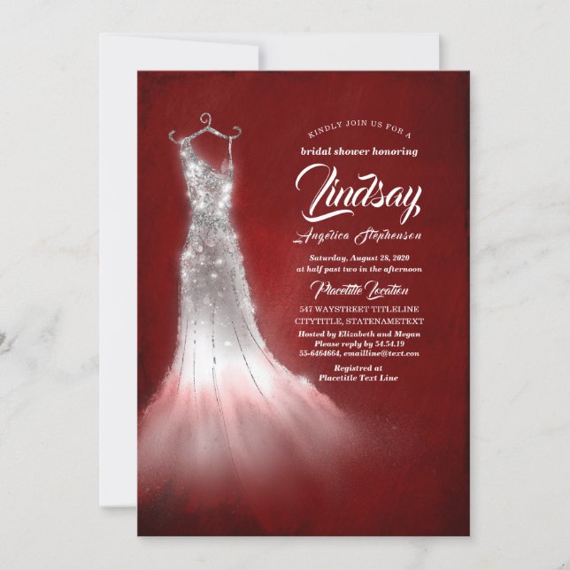 Silver Glitter Dress Burgundy Red Bridal shower Invitation (Front)