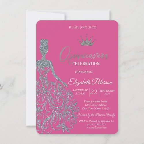 Silver Glitter Dress Chic  Fuschia Quinceanera  Invitation