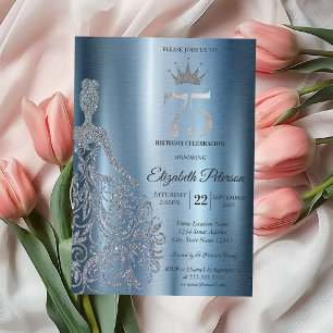 Silver Glitter Dress, Diamonds Blue 75th Birthday Invitation