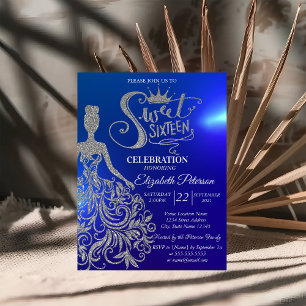 Silver Glitter Dress,Diamonds Blue Sweet 16  Invitation