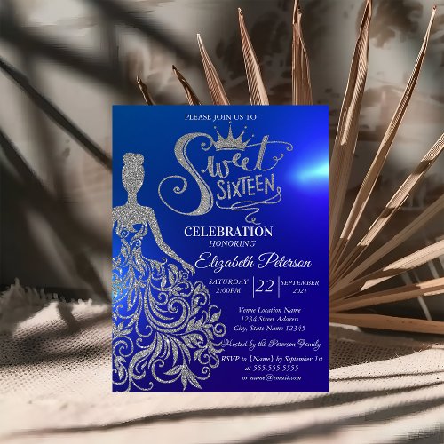 Silver Glitter DressDiamonds Blue Sweet 16  Invitation