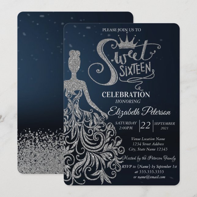 Silver Glitter Dress,Diamonds Dark Blue Sweet 16  Invitation (Front/Back)