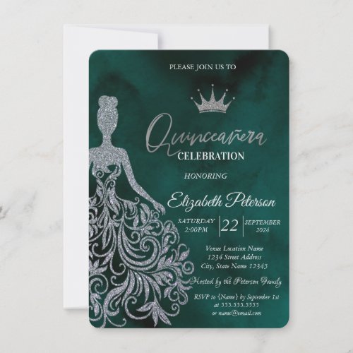 Silver Glitter DressDiamonds Green Sweet 15 In Invitation