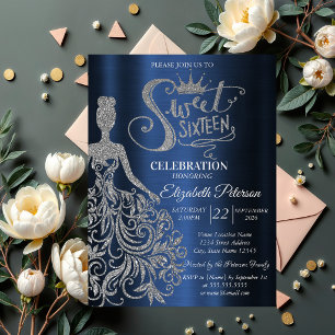 Silver Glitter Dress,Diamonds Navy Blue Sweet 16 Invitation