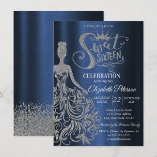 Silver Glitter Dress,Diamonds Navy Blue Sweet 16  Invitation