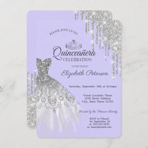 Silver Glitter DressDrips  Purple Quinceaera  Invitation