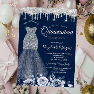 Silver Glitter Dress, Drips Roses Quinceañera Invitation