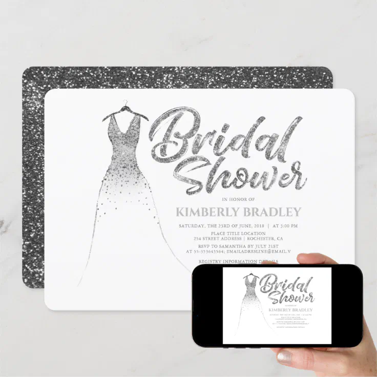 Silver Glitter Dress Elegant White Bridal Shower Invitation | Zazzle