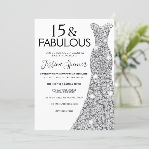 Silver Glitter Dress Fabulous 15 Quinceanera Party Invitation | Zazzle