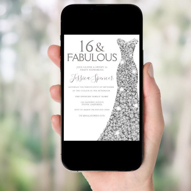 Silver Glitter Dress Fabulous Sweet 16 Party Invitation (Front Digital)