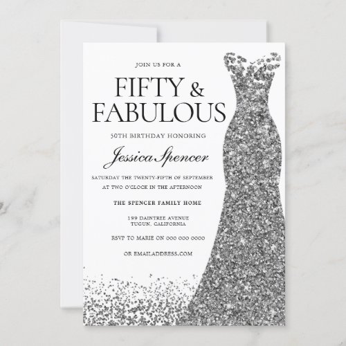 Silver Glitter Dress Fifty  Fabulous 50th Party Invitation