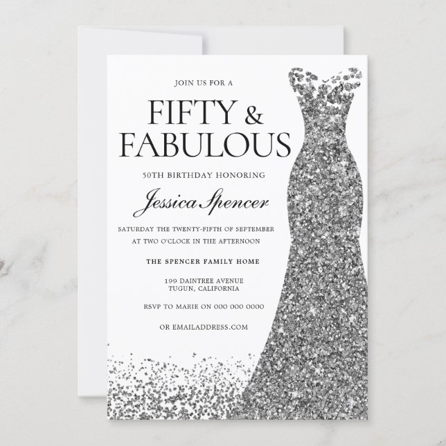 Silver Glitter Dress Fifty & Fabulous 50th Party Invitation (Front)