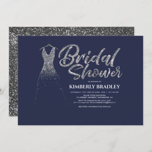 Silver Glitter Dress Navy Blue Bridal Shower Invitation