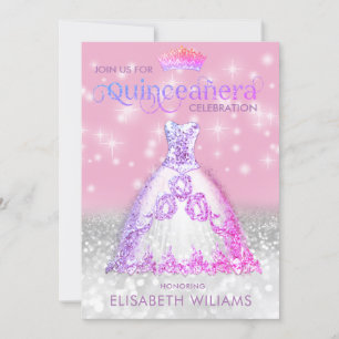 Silver glitter dress ombre tiara Quinceañera   Inv Invitation