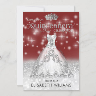 Silver glitter dress ombre tiara Quinceañera Inv Invitation