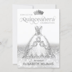 Silver glitter dress ombre tiara Quinceañera  Invi Invitation