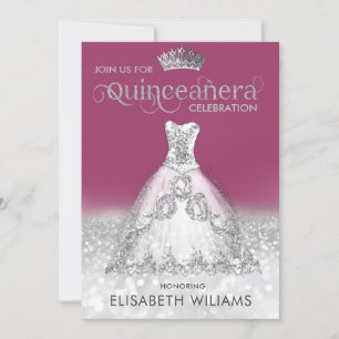 Silver glitter dress ombre tiara Quinceañera Invi Invitation