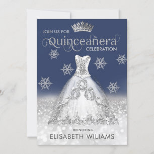 Silver glitter dress ombre tiara Quinceañera Invitation