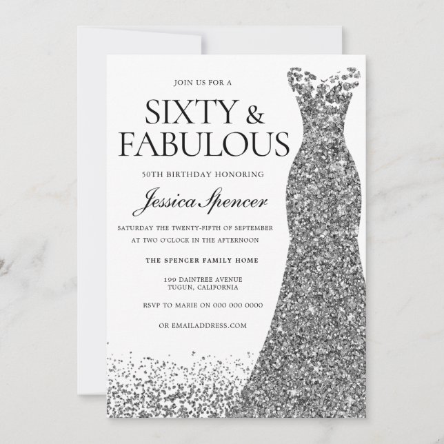 Silver Glitter Dress Sixty & Fabulous 60th Party Invitation (Front)