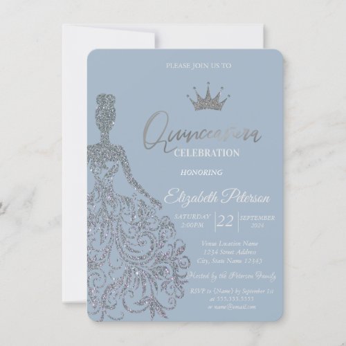 Silver Glitter Dress Tiara Dusty Blue Quinceanera Invitation