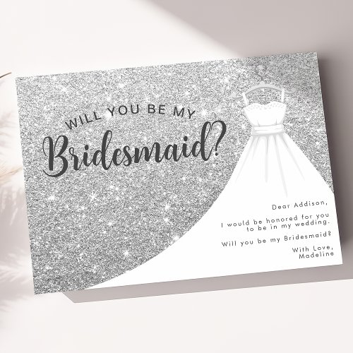 Silver Glitter Dress Will You Be My Bridesmaid Invitation