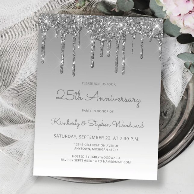 Silver Glitter Drip 25th Anniversary Invitation Postcard (Creator Uploaded)