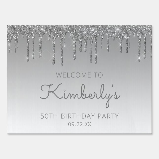 Silver Glitter Drip 50th Birthday Yard Sign (Front)