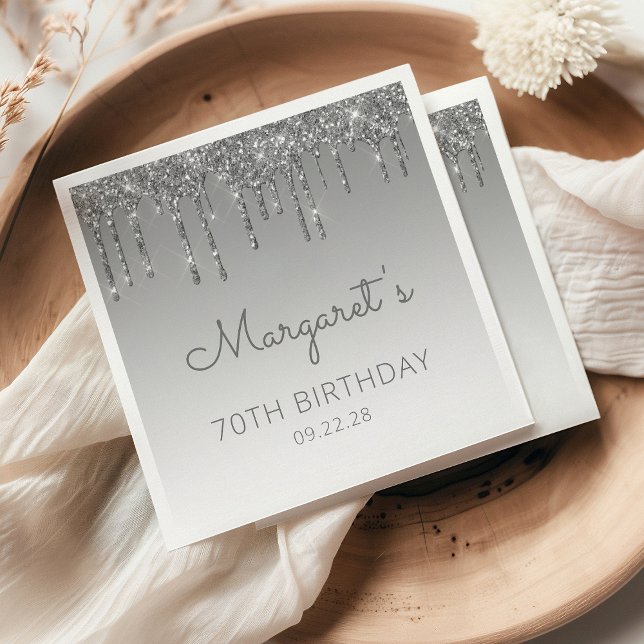 Silver Glitter Drip 70th Birthday Napkins (Creator Uploaded)