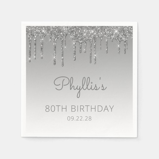 Silver Glitter Drip 80th Birthday Party Napkins (Front)