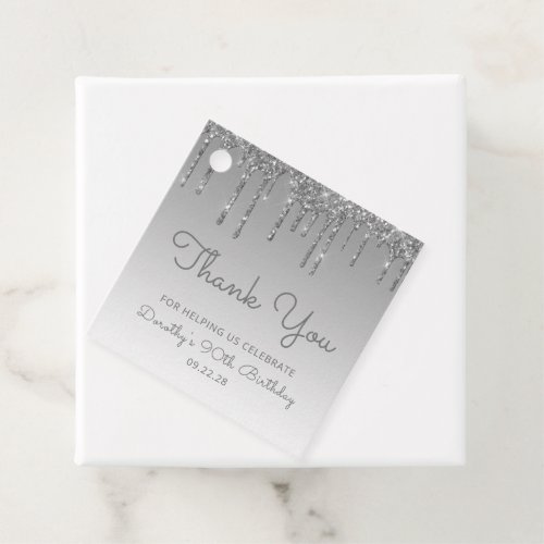 Silver Glitter Drip 90th Birthday Party Favor Tags