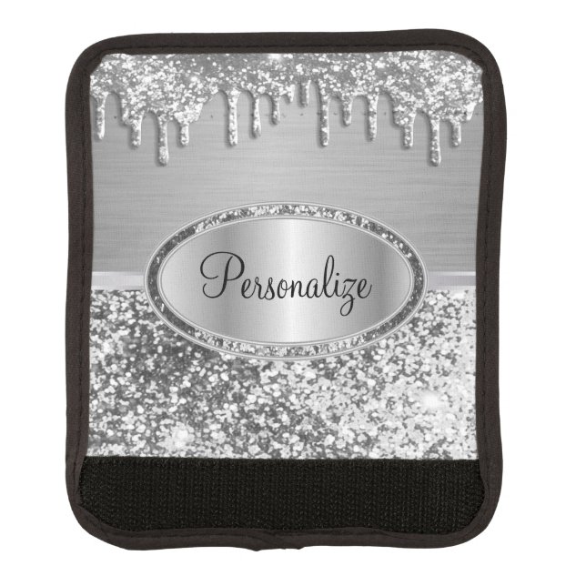 Silver Glitter Drip and Metal Brush Steel Luggage Handle Wrap (Front)