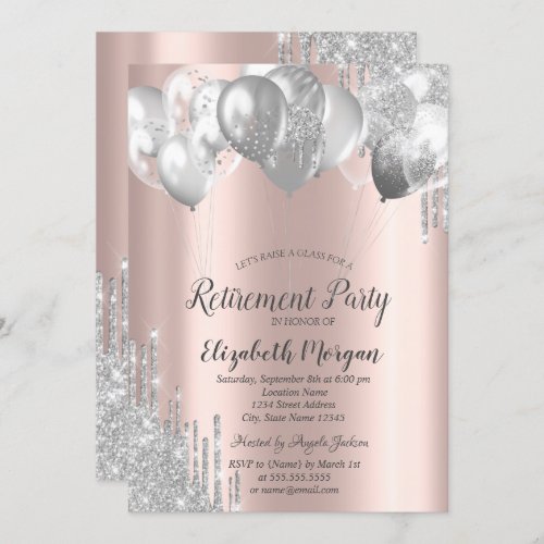 Silver Glitter Drip Balloons Rose Gold Retirement  Invitation