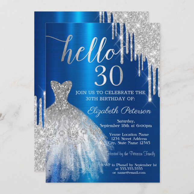 Silver Glitter Drip Dress Blue Metallic 30th  Invitation (Front/Back)
