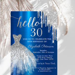 Silver Glitter Drip Dress Blue Metallic 30th Invitation