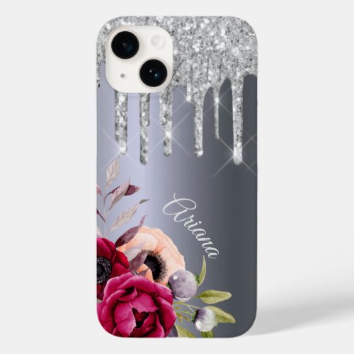 Silver glitter drip flowers burgundy name Case_Mate iPhone 14 case