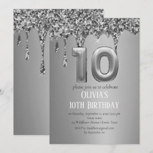 Silver Glitter Drip Girl Girly 10th Birthday Invitation